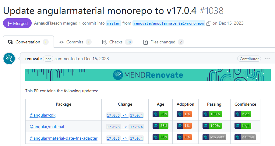 Pull request de Renovate sur Github.