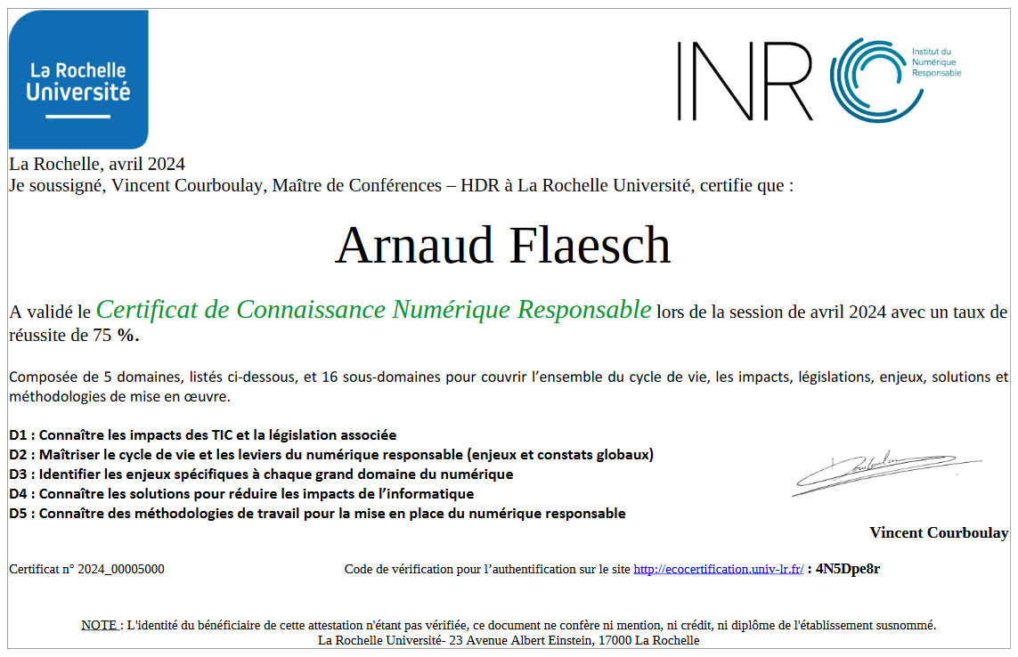 Certificat de connaissances Numérique Responsable